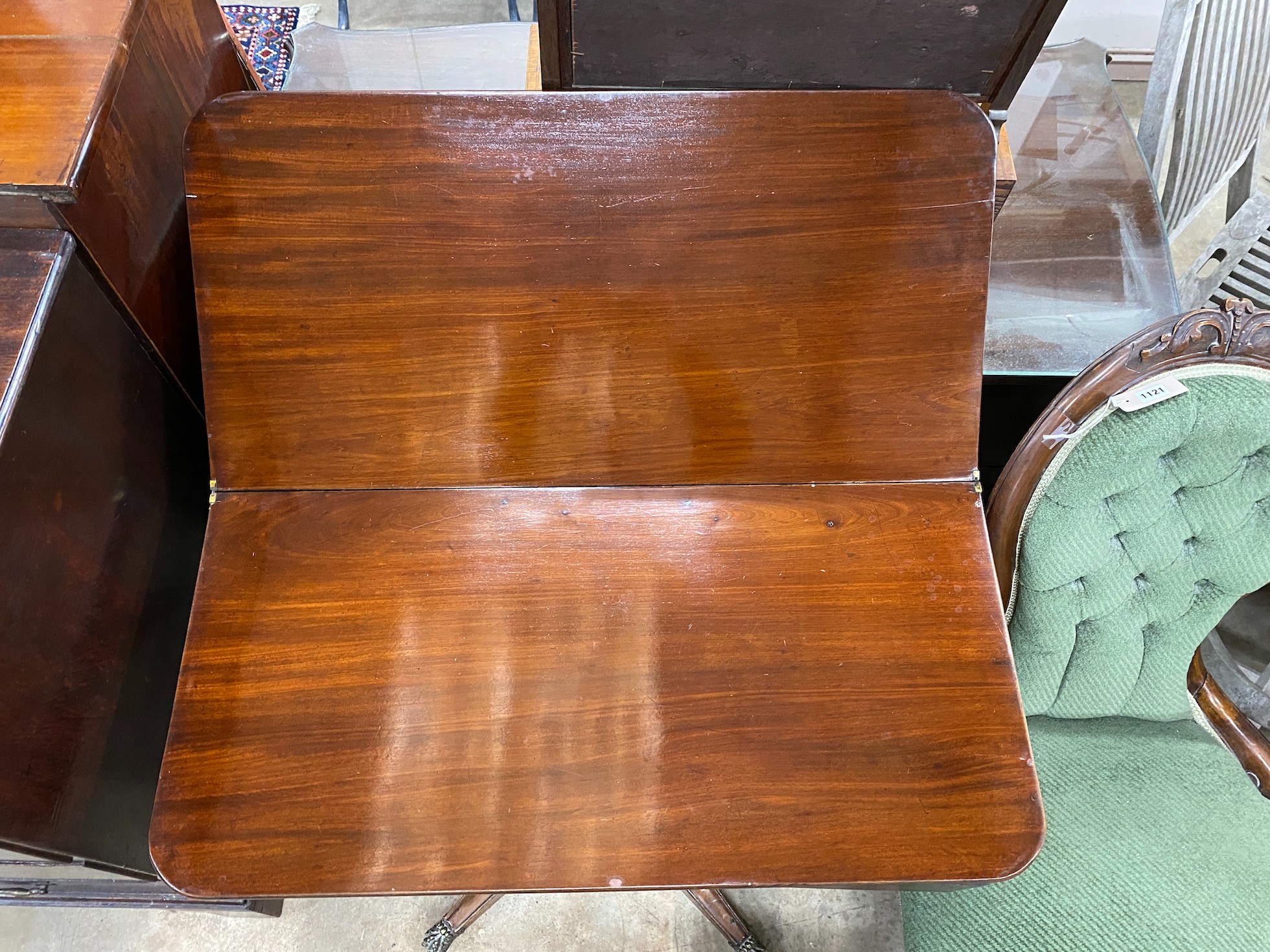 A Regency rosewood banded rectangular mahogany folding tea table, width 92cm, depth 45cm, height 73cm *Please note the sale commences at 9am.